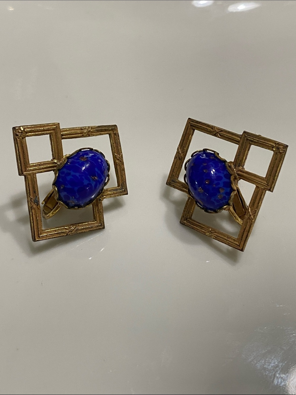 Antique Miriam Haskell Gold-Tone Geometric Clip-On with Deep Blue Cabochons